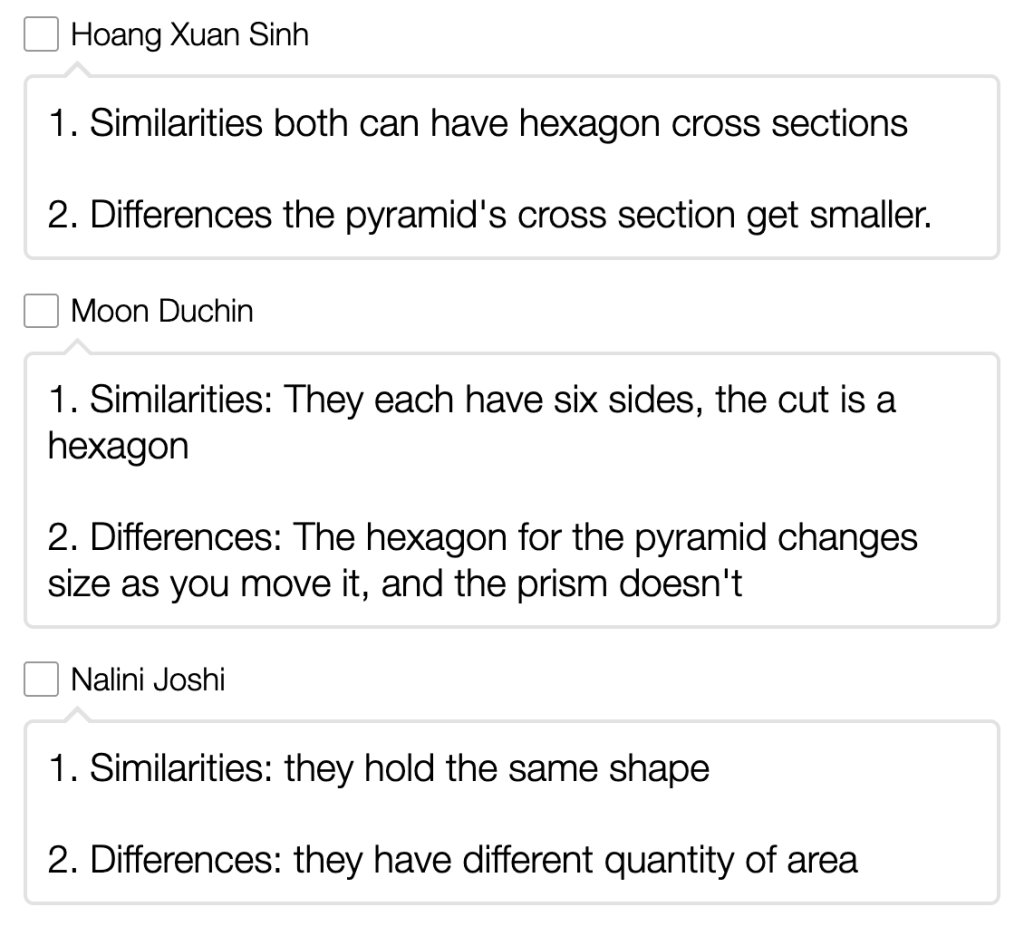 STUDENT 1
Similarities both can have hexagon cross sections.
Differences the pyramid's cross section get smaller.
STUDENT 2
Similarities: they each have six sides, the cut is a hexagon.
Differences: The hexagon for the pyramid changes size as you move it, and the prism doesn't.

STUDENT 3
Similarities: they hold the same shape.
2. Differences: they have different quantity of area.