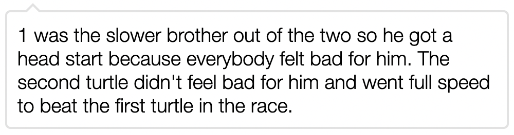 1 was the slower brother out of the two so he got a head start because everybody felt bad for him. The second turtle didn't feel bad for him and went full speed to beat the first turtle in the race.