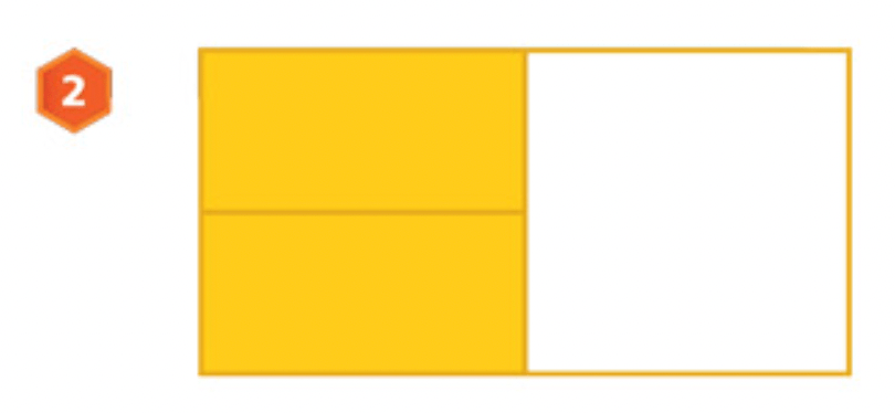 a rectangle with a vertical partition down the middle, and then a horizontal partition for half of the left half. The two left pieces are shaded to show 2/4. 