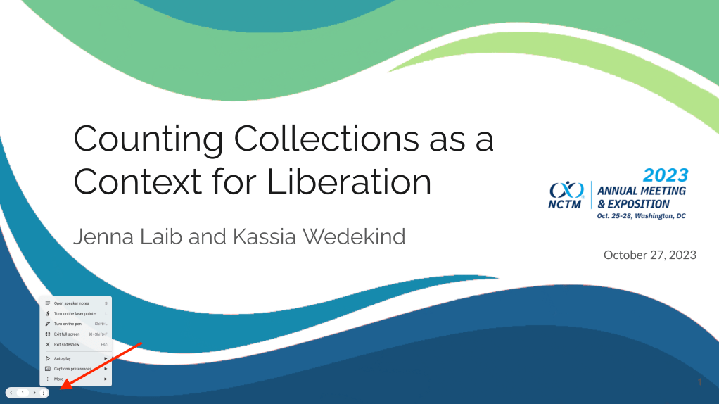 a sample slide, showing the presenter tools in the lower left corner. There is a red arrow pointing to the three dots where you click to access the settings and features.