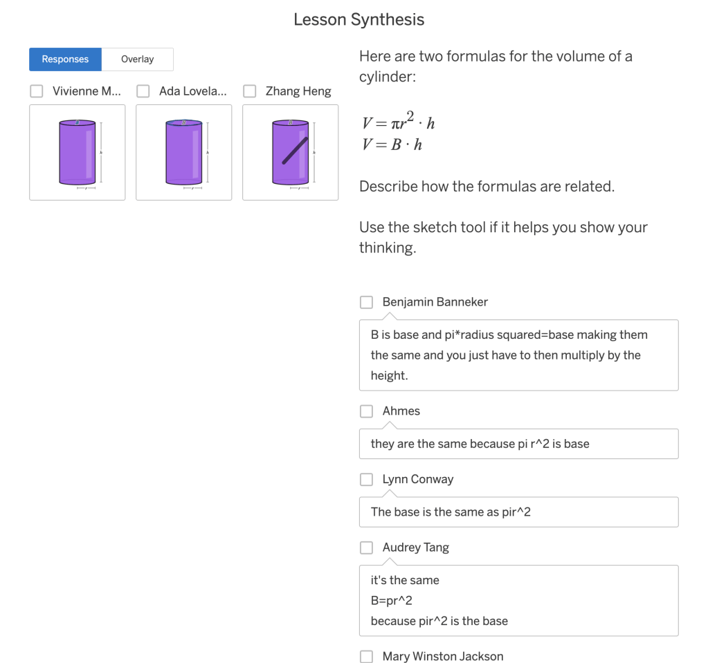 A screenshot of the Desmos dashboard which shows a prompt (lesson synthesis) and then student work samples, some of which are drawn using the sketch tool, and many of which are written in prose. The names of the students have been anonymized so that they show the names of famous mathematicians. There are checkboxes next to each student's name to select the work sample for a snapshot.