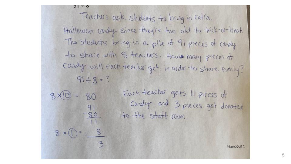Teachers ask students to bring in extra Halloween candy since they're too old to trick-or-treat. The students bring in a pile of 91 pieces of candy to share with 8 teachers. How many pieces of candy will each teacher get in order to share evenly?

91 ÷ 8 = ?

8 x 10 = 80

91 - 80 = 11

8 x 1 = 8
3
