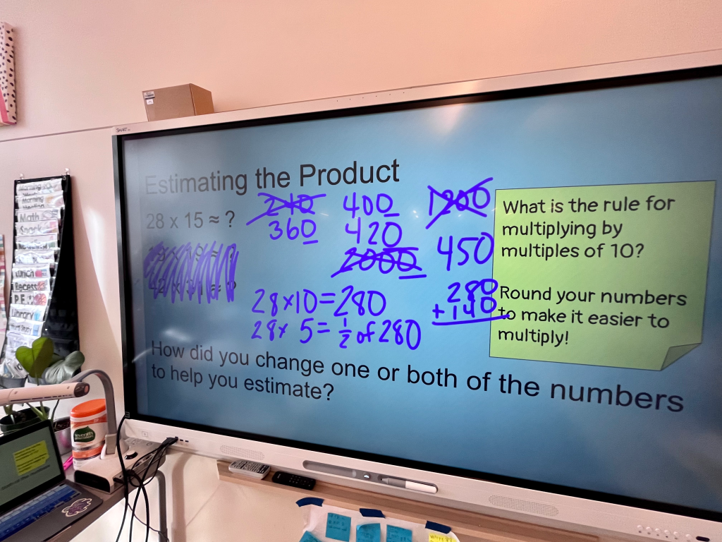 20 x 10 = 280
28 x 5 = 1/2 of 280
280 + 140 = 420