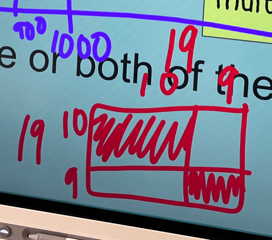 area model showing 19 x 19 broken up to 10 x 10, 10 x 9, 9 x 10, and 9 x 9