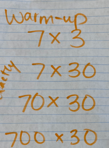 warm-up

7 x 3
7 x 30
70 x 30
700 x 30