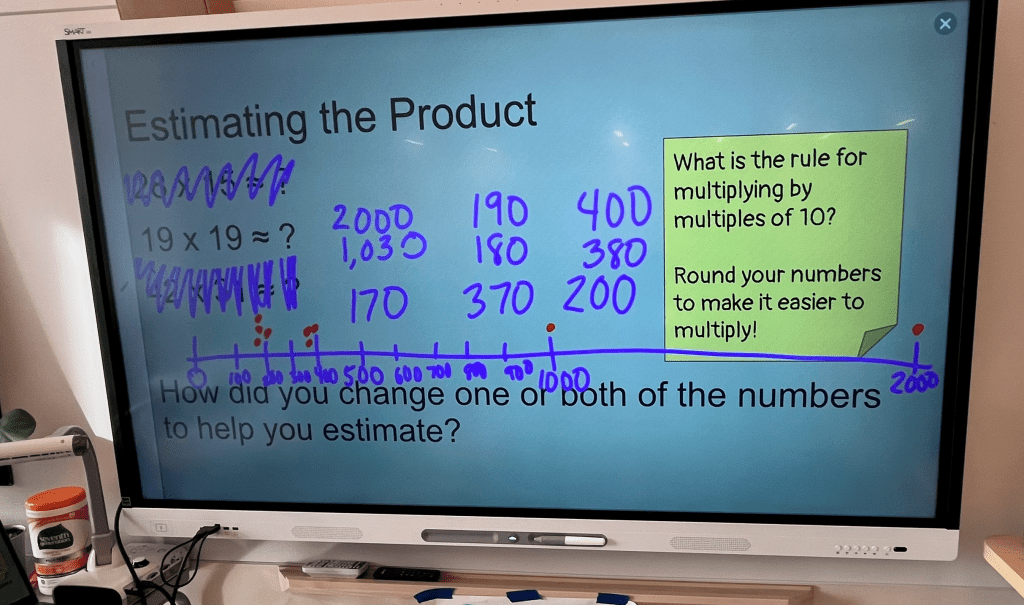 A smartboard with the problem 19 x 19, and the list of student estimates
2000
1030
170
190
180
370
400
380
200

With a line plot displaying all of the student responses.