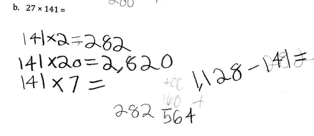 141 x 2 = 282
141 x 20 = 2820
141 x 7 =
282
564
1,181 - 141 =