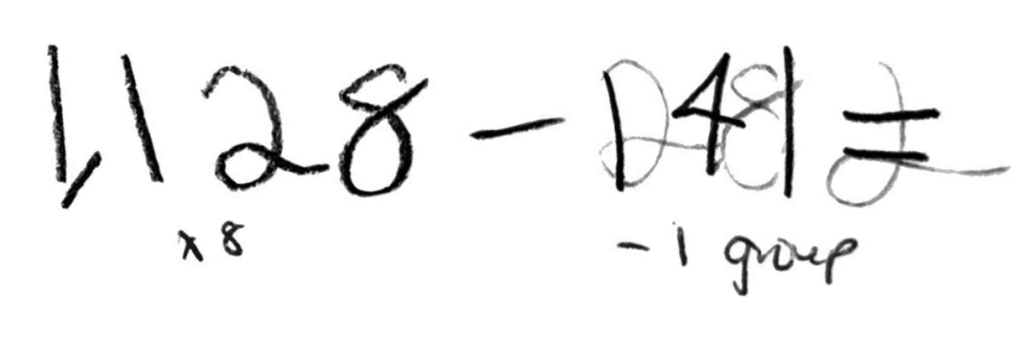 1,128 - 141
(8 groups of 141 minus 1 group of 141)