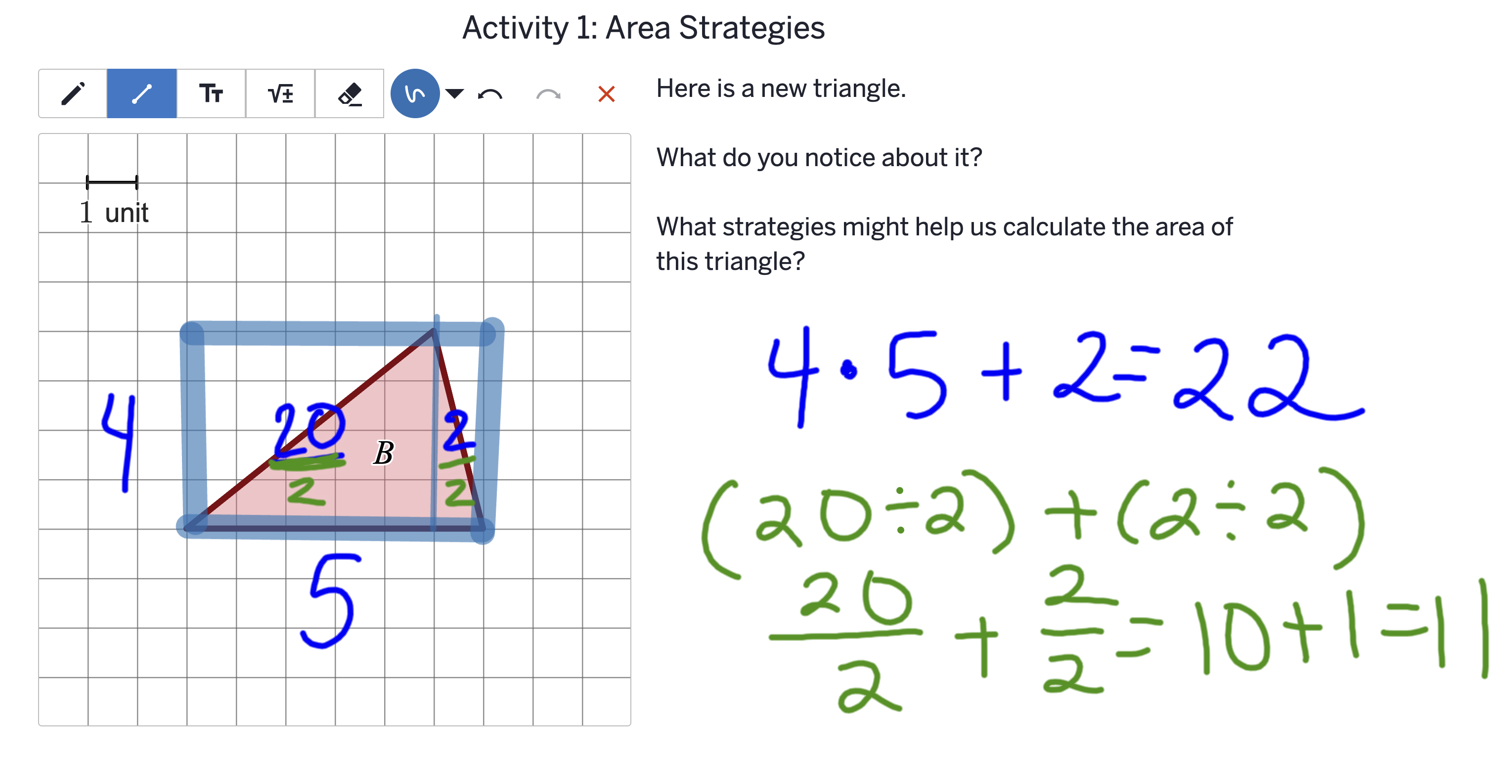 The same drawing of Triangle B, now with "÷ 2" added under the 20 and the 2. Below the original equation, a new line in green reads (20 ÷ 2) + (2 ÷ 2), rewritten as 20/2 + 2/2 = 10 + 1 = 11.