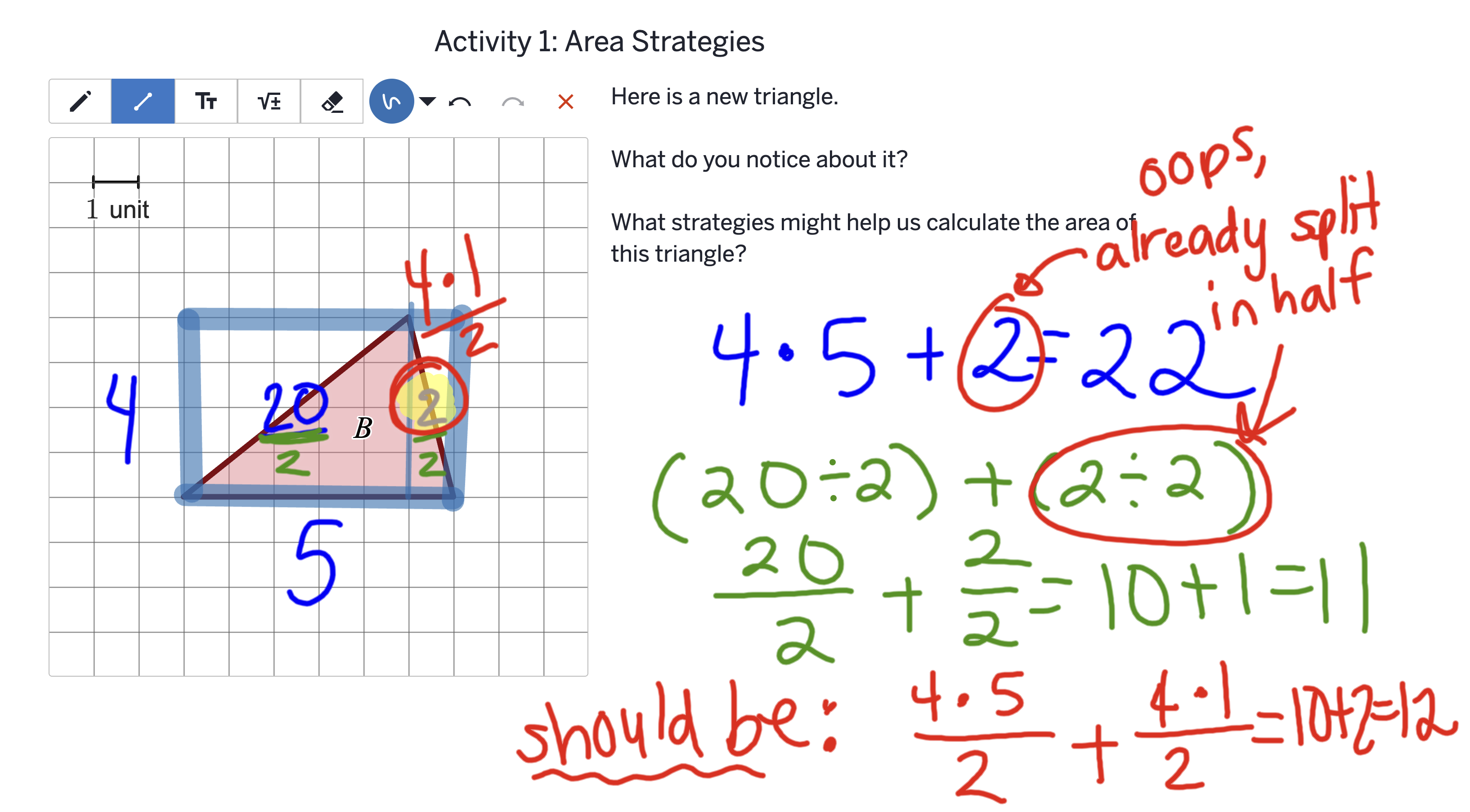 The same work with red annotations. The 2 on the right side is circled, with a note reading "oops, already split in half," and an arrow points to 2 ÷ 2. The narrow section of the triangle is relabeled 4 · 1 over 2. At the bottom, red text reads "should be: (4 · 5)/2 + (4 · 1)/2 = 10 + 2 = 12."
