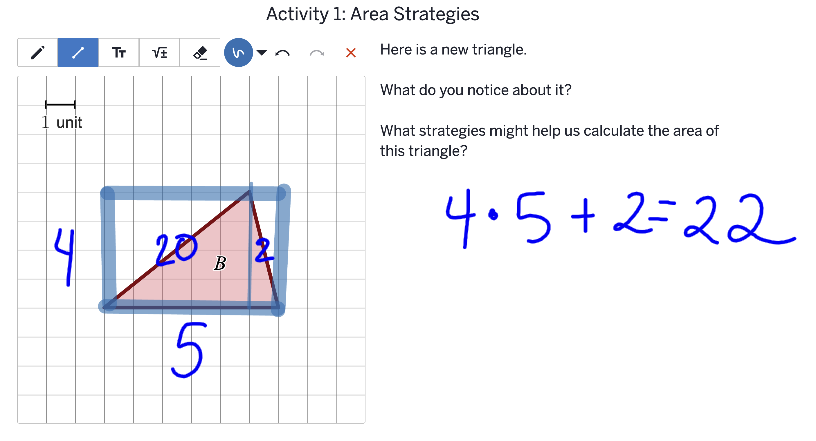 Triangle B drawn on a grid, enclosed in a rectangle 4 units tall. A vertical line from the triangle's top vertex divides the rectangle into a larger section on the left, labeled 20, and a narrow section on the right, labeled 2. The base of the left section is labeled 5. Beside it, Vivienne's equation reads 4 · 5 + 2 = 22.